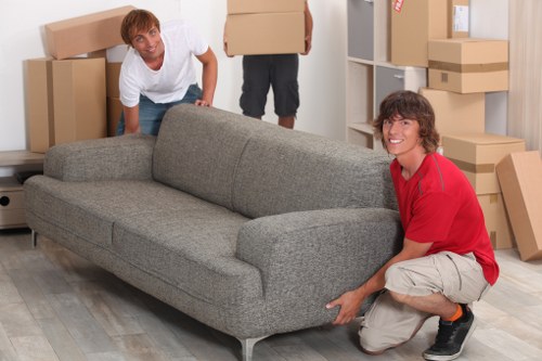 Professional movers handling boxes during a small removal in Dollishill